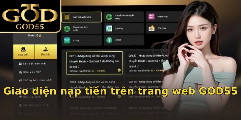 Giao diện nạp tiền trên trang web GOD55